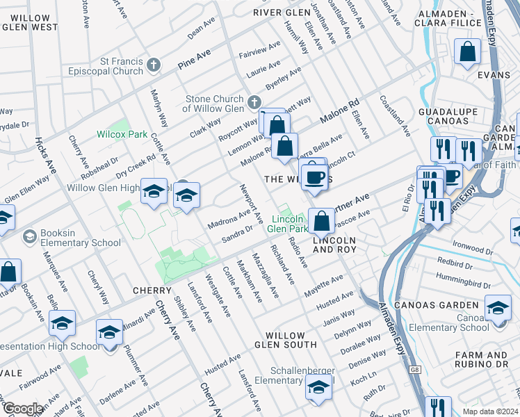 map of restaurants, bars, coffee shops, grocery stores, and more near 2160 Newport Avenue in San Jose