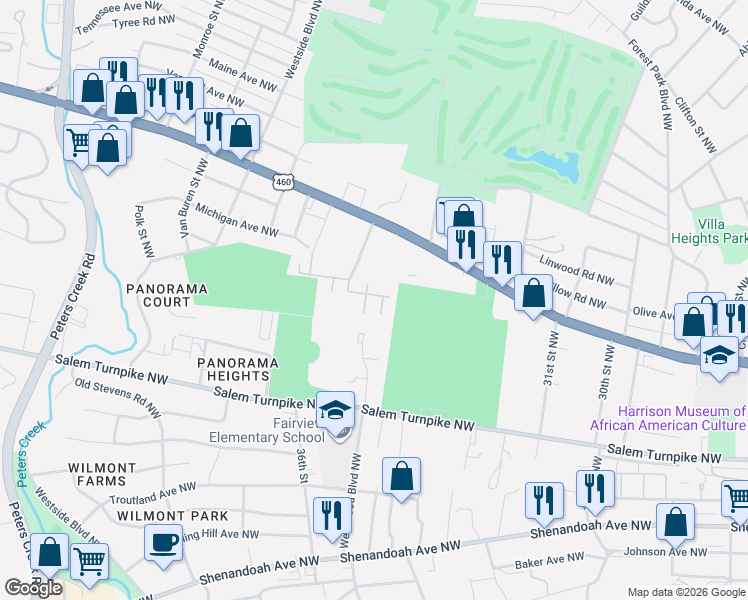 map of restaurants, bars, coffee shops, grocery stores, and more near 3434 Bennett Drive Northwest in Roanoke