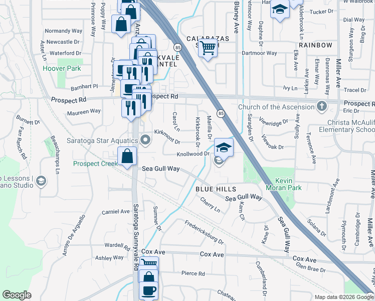 map of restaurants, bars, coffee shops, grocery stores, and more near 20266 Knollwood Drive in Saratoga