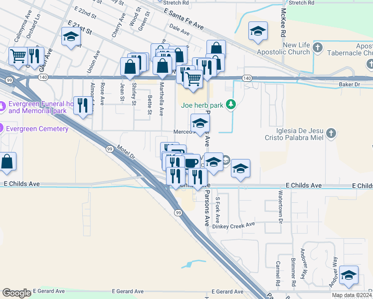 map of restaurants, bars, coffee shops, grocery stores, and more near 1528 Ellen Court in Merced