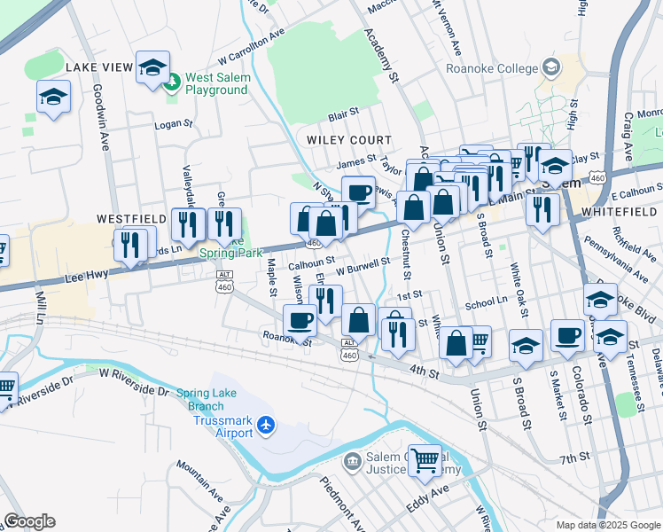 map of restaurants, bars, coffee shops, grocery stores, and more near 427 West Burwell Street in Salem