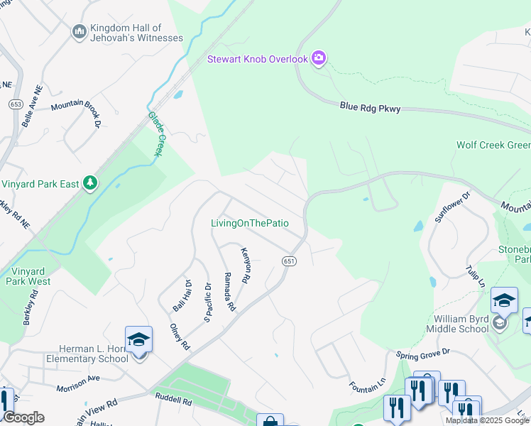 map of restaurants, bars, coffee shops, grocery stores, and more near 537 Olney Road in Vinton
