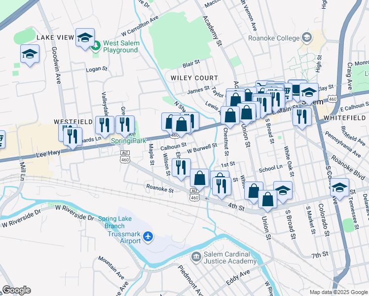 map of restaurants, bars, coffee shops, grocery stores, and more near 427 West Burwell Street in Salem