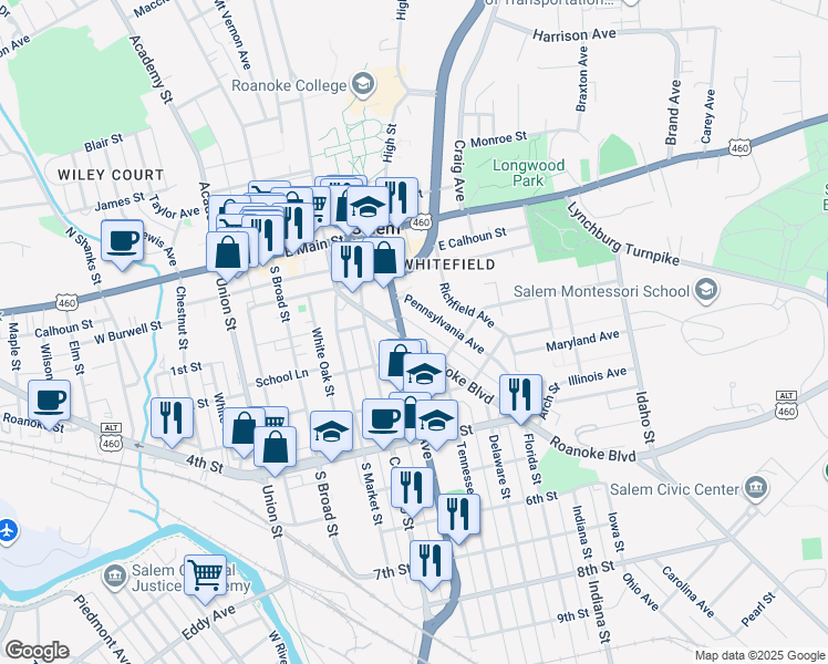 map of restaurants, bars, coffee shops, grocery stores, and more near 305 Roanoke Boulevard in Salem