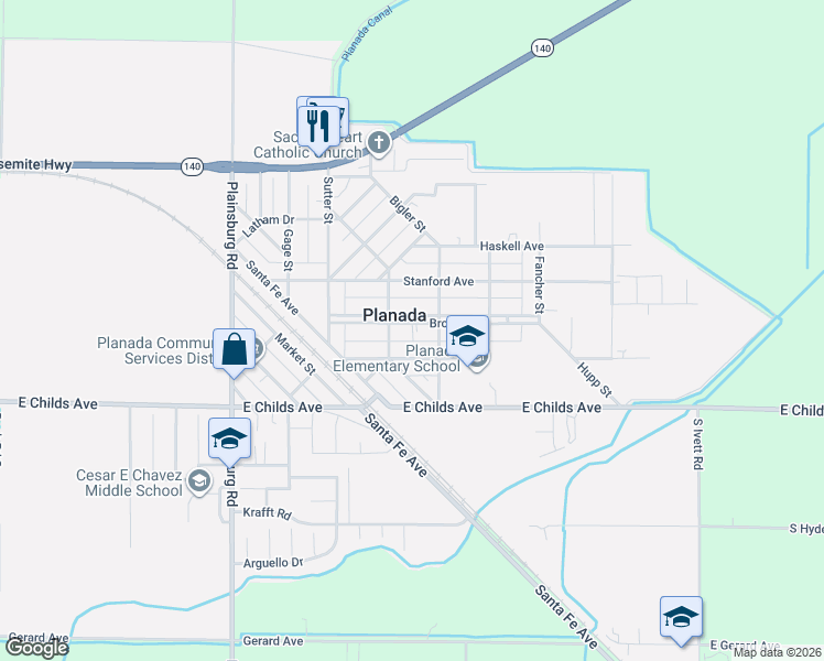 map of restaurants, bars, coffee shops, grocery stores, and more near 9387 Broadway in Planada