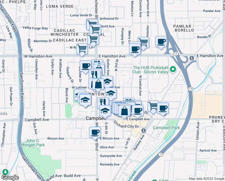 map of restaurants, bars, coffee shops, grocery stores, and more near 194 North 3rd Street in Campbell