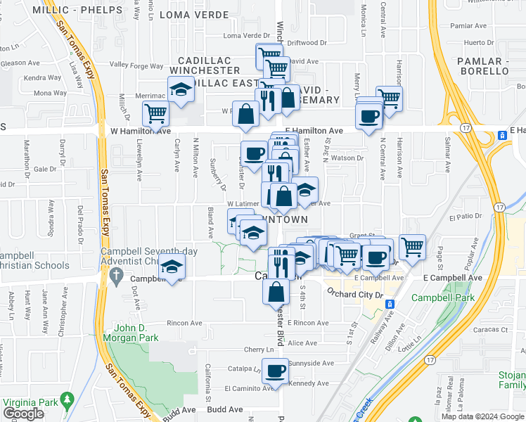 map of restaurants, bars, coffee shops, grocery stores, and more near 110 West Latimer Avenue in Campbell