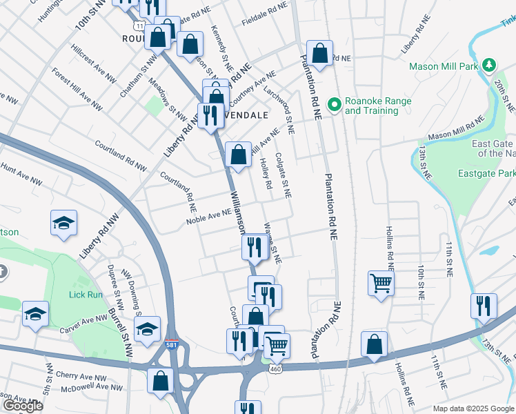 map of restaurants, bars, coffee shops, grocery stores, and more near 1912 Wayne Street Northeast in Roanoke