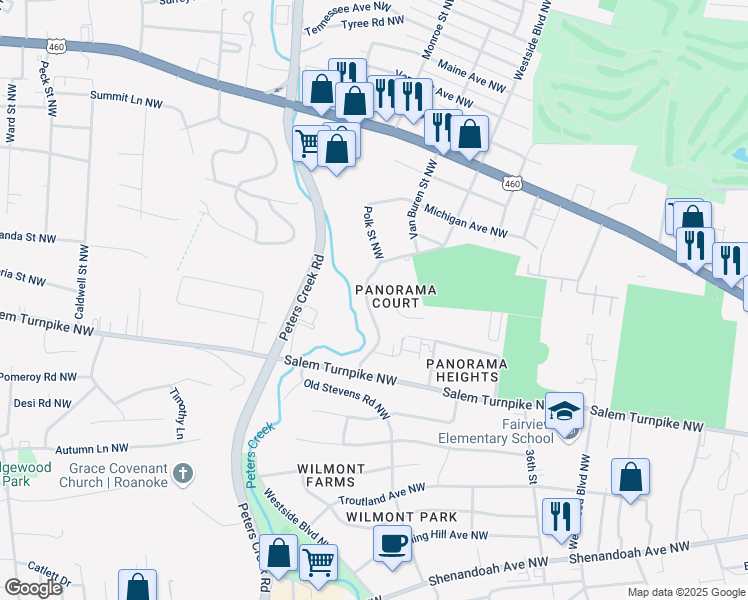 map of restaurants, bars, coffee shops, grocery stores, and more near 817 Westside Boulevard Northwest in Roanoke