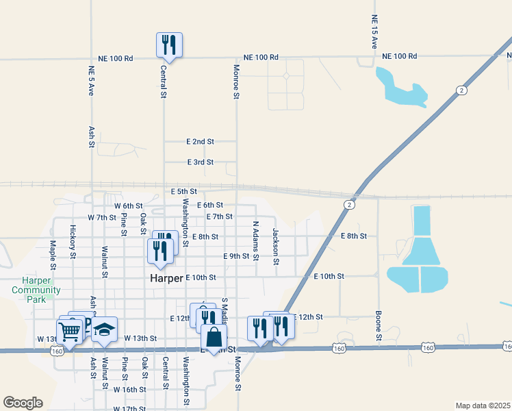 map of restaurants, bars, coffee shops, grocery stores, and more near 500 North Adams Street in Harper