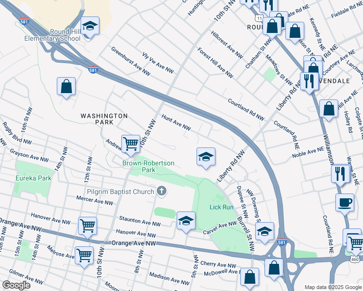 map of restaurants, bars, coffee shops, grocery stores, and more near 831 Rockland Avenue Northwest in Roanoke
