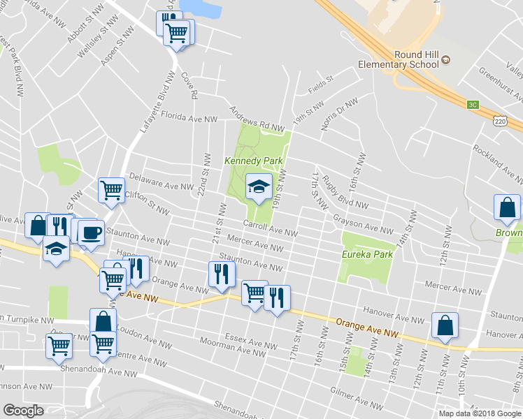 map of restaurants, bars, coffee shops, grocery stores, and more near 1122 19th Street Northwest in Roanoke