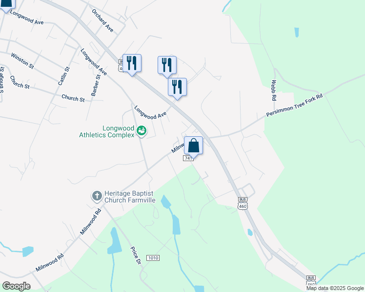 map of restaurants, bars, coffee shops, grocery stores, and more near 1814 Greenhouse Road in Farmville