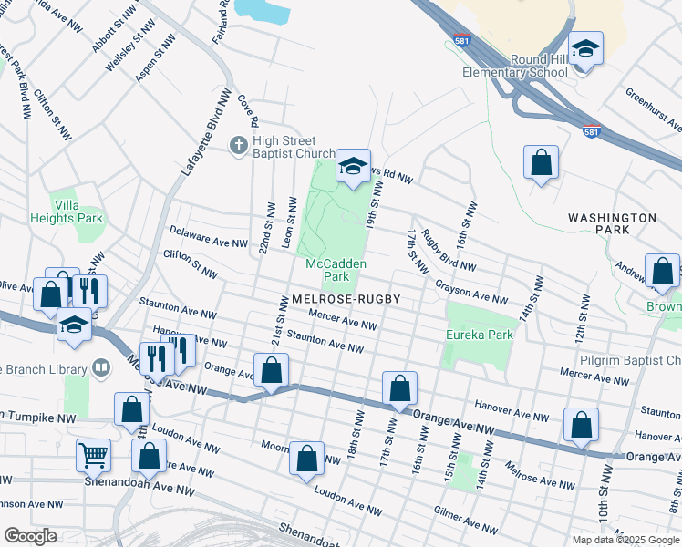 map of restaurants, bars, coffee shops, grocery stores, and more near 1122 19th Street Northwest in Roanoke