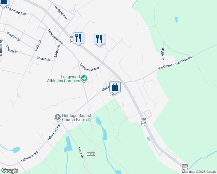 map of restaurants, bars, coffee shops, grocery stores, and more near 1810 Greenhouse Road in Farmville