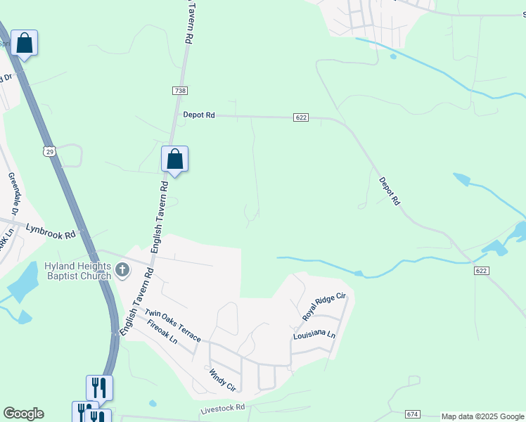 map of restaurants, bars, coffee shops, grocery stores, and more near 322 Warm Breeze Lane in Rustburg