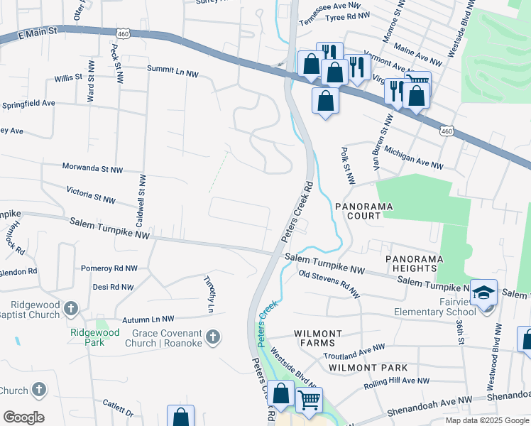 map of restaurants, bars, coffee shops, grocery stores, and more near 618 Gladies Street Northwest in Roanoke