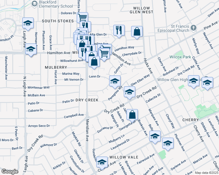 map of restaurants, bars, coffee shops, grocery stores, and more near 1660 Gaton Drive in San Jose