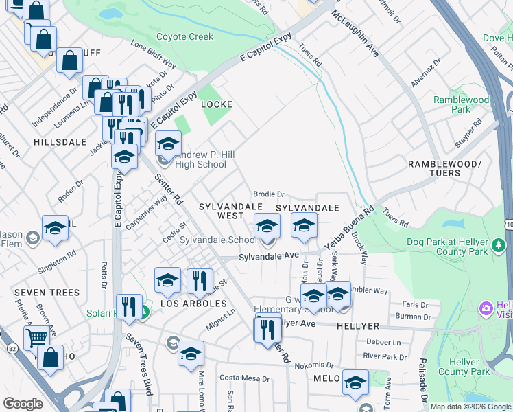 map of restaurants, bars, coffee shops, grocery stores, and more near 3638 Clear Brook Court in San Jose