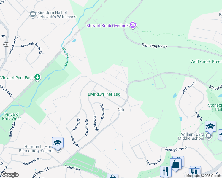 map of restaurants, bars, coffee shops, grocery stores, and more near 537 Olney Road in Vinton