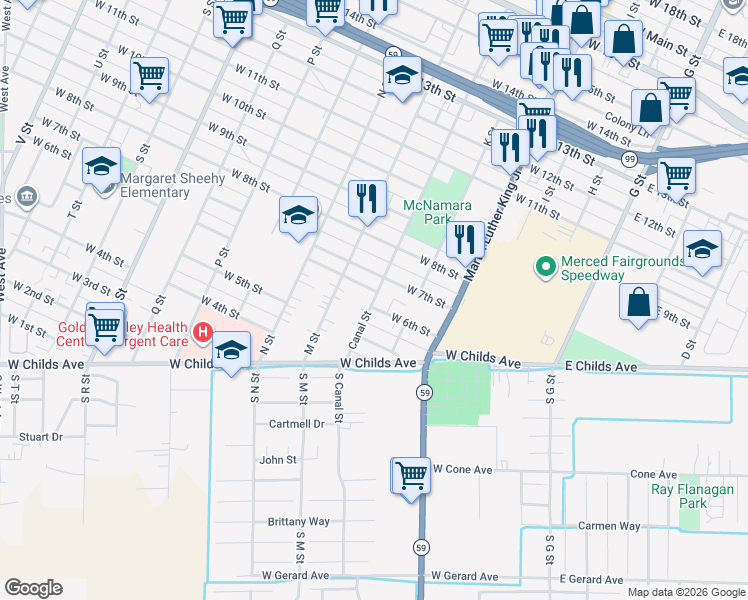 map of restaurants, bars, coffee shops, grocery stores, and more near 600 BLOCK Jonathan Court in Merced