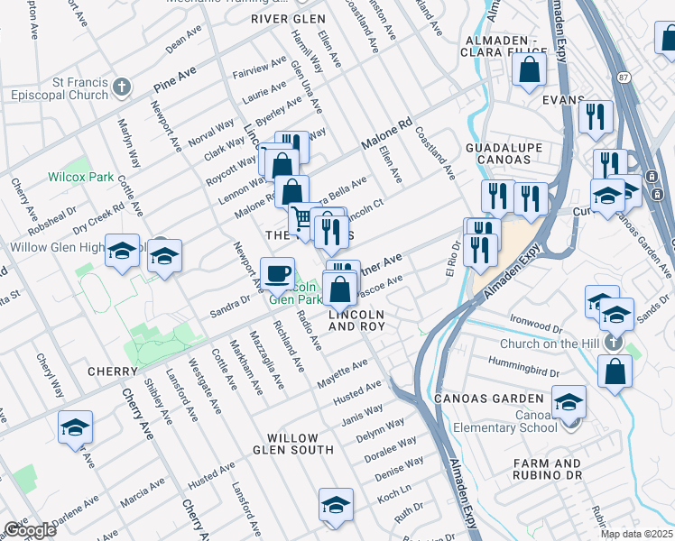 map of restaurants, bars, coffee shops, grocery stores, and more near 1082 Curtner Avenue in San Jose
