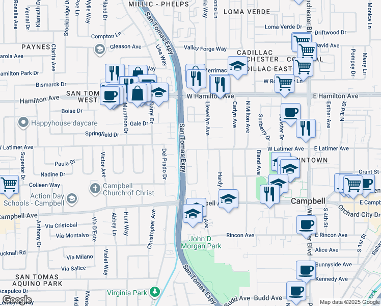 map of restaurants, bars, coffee shops, grocery stores, and more near 548 West Latimer Avenue in Campbell