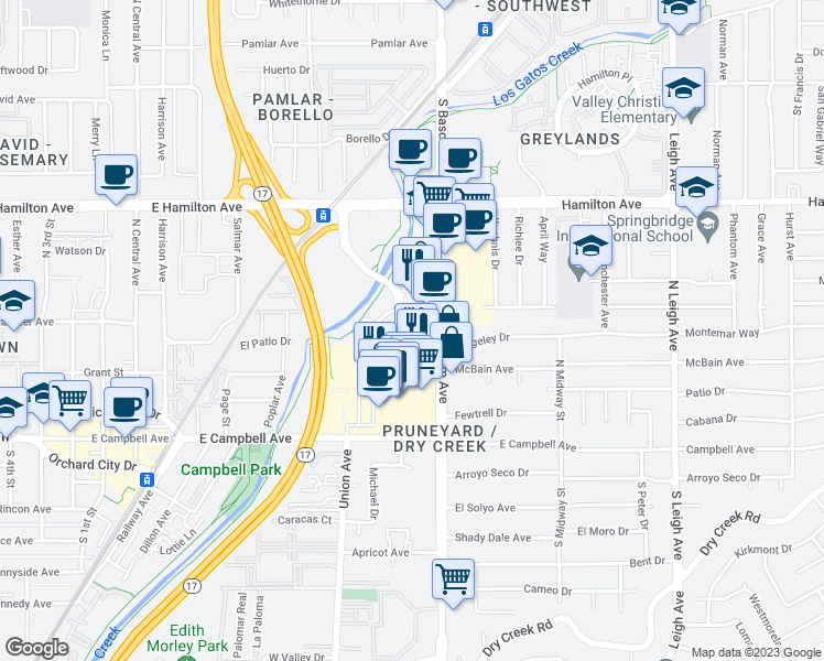 map of restaurants, bars, coffee shops, grocery stores, and more near 912 Campisi Way in Campbell