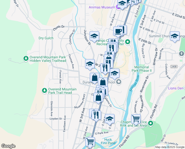 map of restaurants, bars, coffee shops, grocery stores, and more near 2425 West 3rd Avenue in Durango