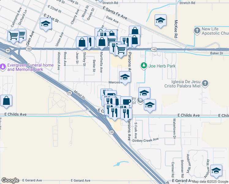 map of restaurants, bars, coffee shops, grocery stores, and more near 1559 Ellen Court in Merced