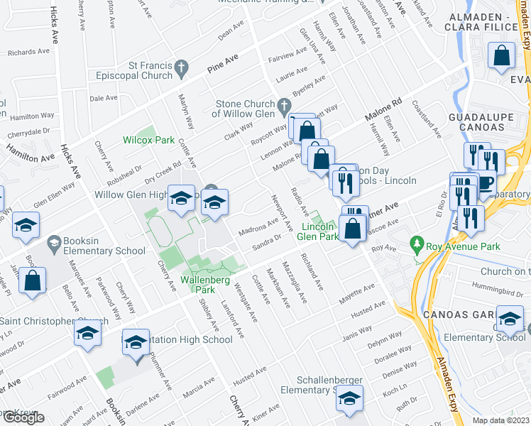 map of restaurants, bars, coffee shops, grocery stores, and more near 1222 Hermosa Way in San Jose