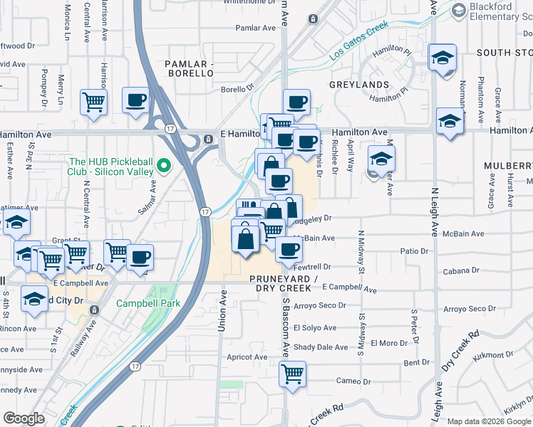 map of restaurants, bars, coffee shops, grocery stores, and more near 84 Pruneyard in Campbell