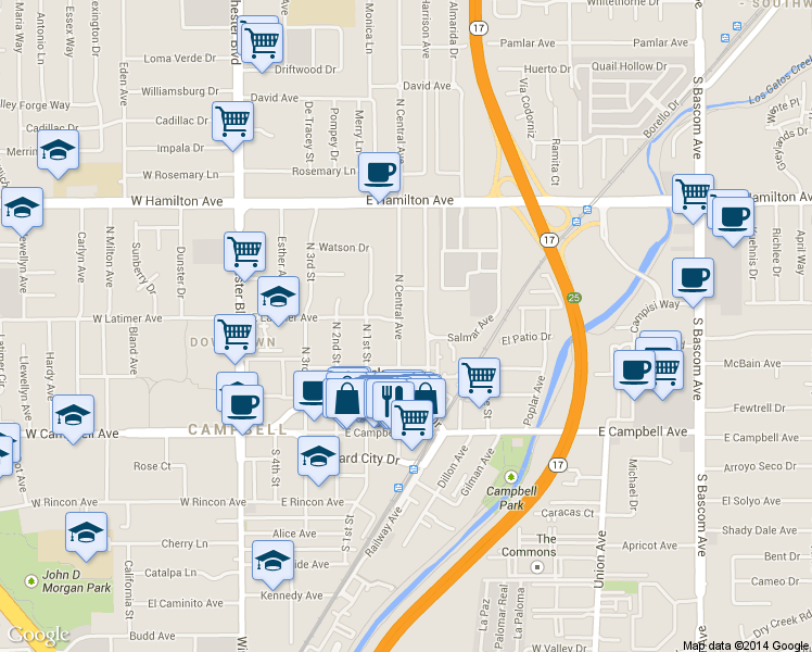 map of restaurants, bars, coffee shops, grocery stores, and more near 195 North Central Avenue in Campbell