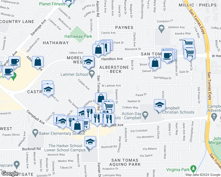 map of restaurants, bars, coffee shops, grocery stores, and more near 268 San Tomas Aquino Road in Campbell
