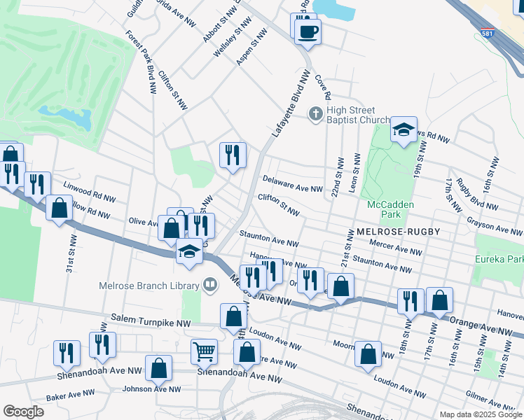 map of restaurants, bars, coffee shops, grocery stores, and more near 2428 Maryland Avenue Northwest in Roanoke