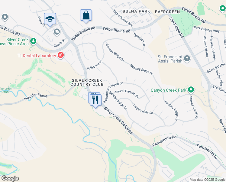 map of restaurants, bars, coffee shops, grocery stores, and more near 5300 Laurel Canyon Drive in San Jose