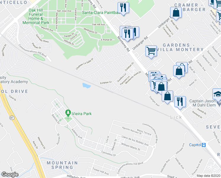 map of restaurants, bars, coffee shops, grocery stores, and more near 2749 Ferrara Circle in San Jose