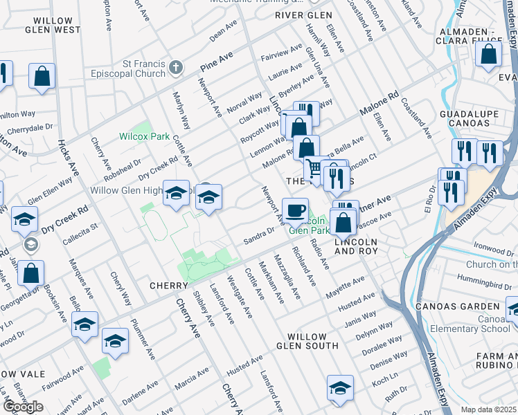 map of restaurants, bars, coffee shops, grocery stores, and more near 1222 Hermosa Way in San Jose