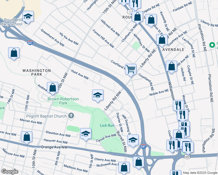 map of restaurants, bars, coffee shops, grocery stores, and more near 705 Hunt Avenue Northwest in Roanoke