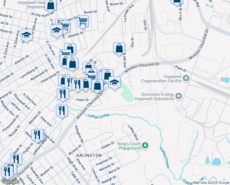 map of restaurants, bars, coffee shops, grocery stores, and more near 1000 Winston Churchill Drive in Hopewell
