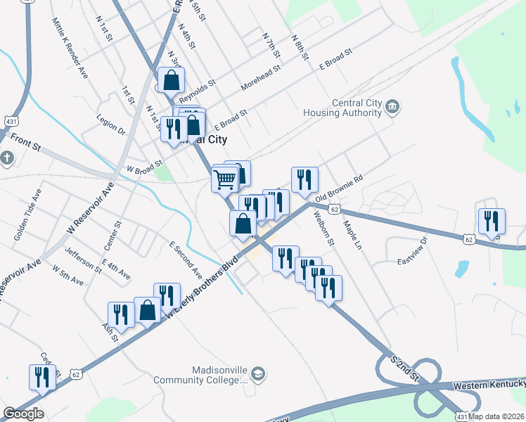 map of restaurants, bars, coffee shops, grocery stores, and more near 302 South 2nd Street in Central City