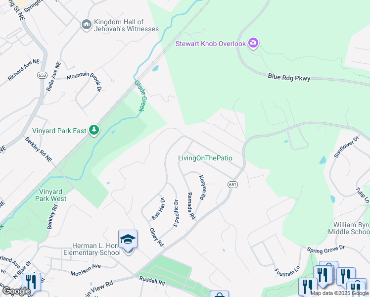 map of restaurants, bars, coffee shops, grocery stores, and more near 620 Ramada Road in Vinton