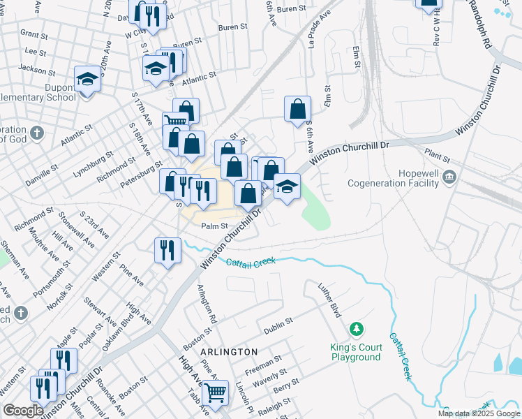 map of restaurants, bars, coffee shops, grocery stores, and more near 1000 Winston Churchill Drive in Hopewell
