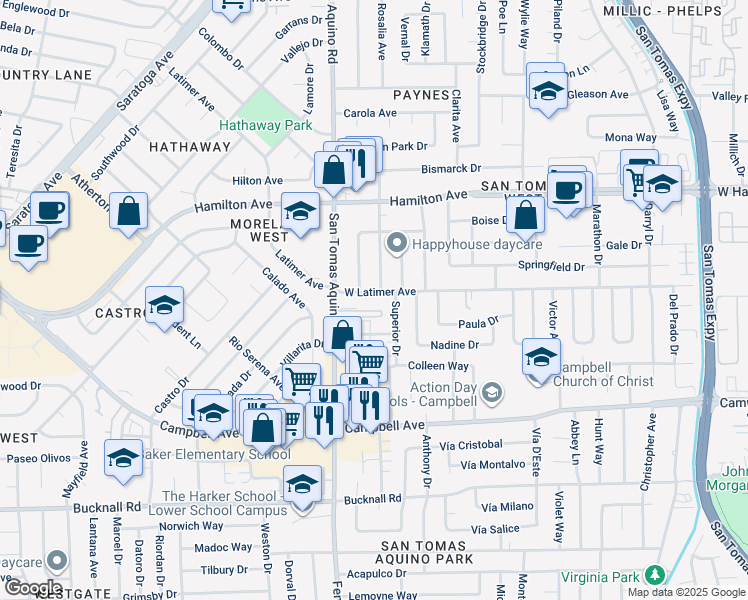 map of restaurants, bars, coffee shops, grocery stores, and more near 1420 West Latimer Avenue in Campbell