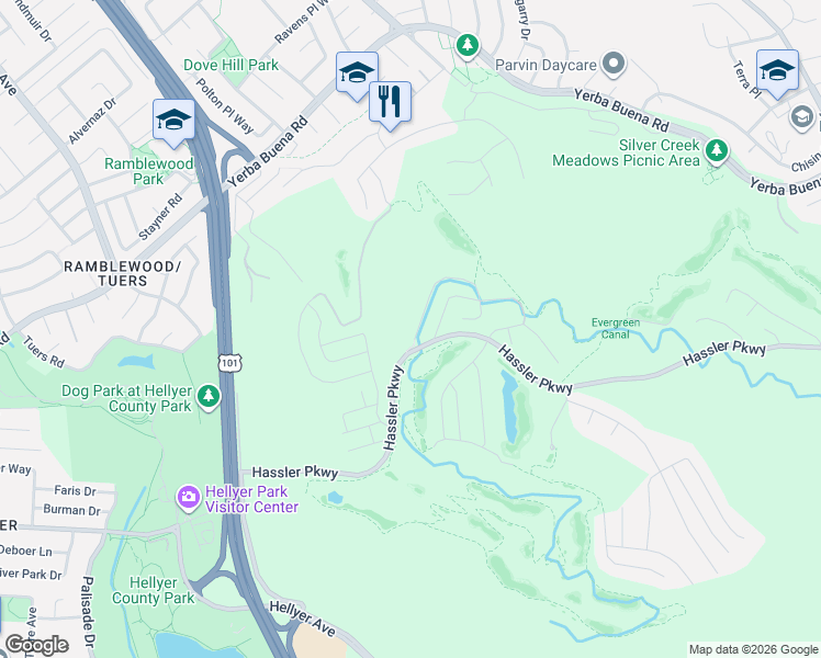 map of restaurants, bars, coffee shops, grocery stores, and more near 1501 Laurelwood Crossing Terrace in San Jose