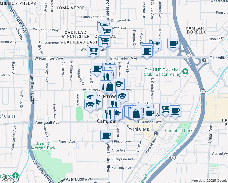 map of restaurants, bars, coffee shops, grocery stores, and more near 38 East Latimer Avenue in Campbell