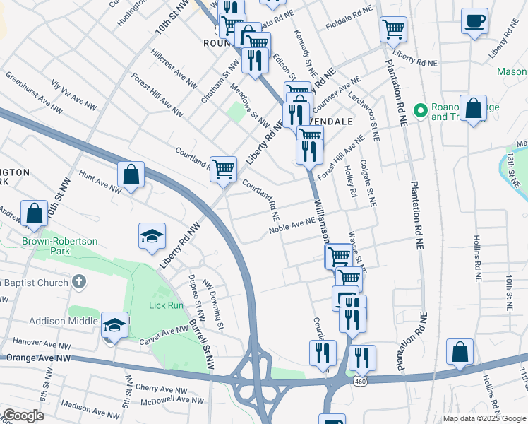 map of restaurants, bars, coffee shops, grocery stores, and more near 43 Clover Avenue Northeast in Roanoke
