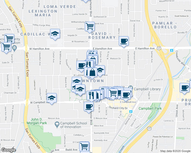 map of restaurants, bars, coffee shops, grocery stores, and more near 38 East Latimer Avenue in Campbell
