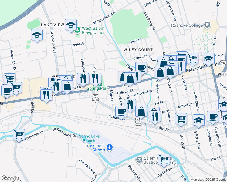 map of restaurants, bars, coffee shops, grocery stores, and more near 88 Maple Street in Salem