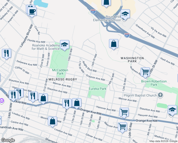 map of restaurants, bars, coffee shops, grocery stores, and more near 1601 Grayson Avenue Northwest in Roanoke